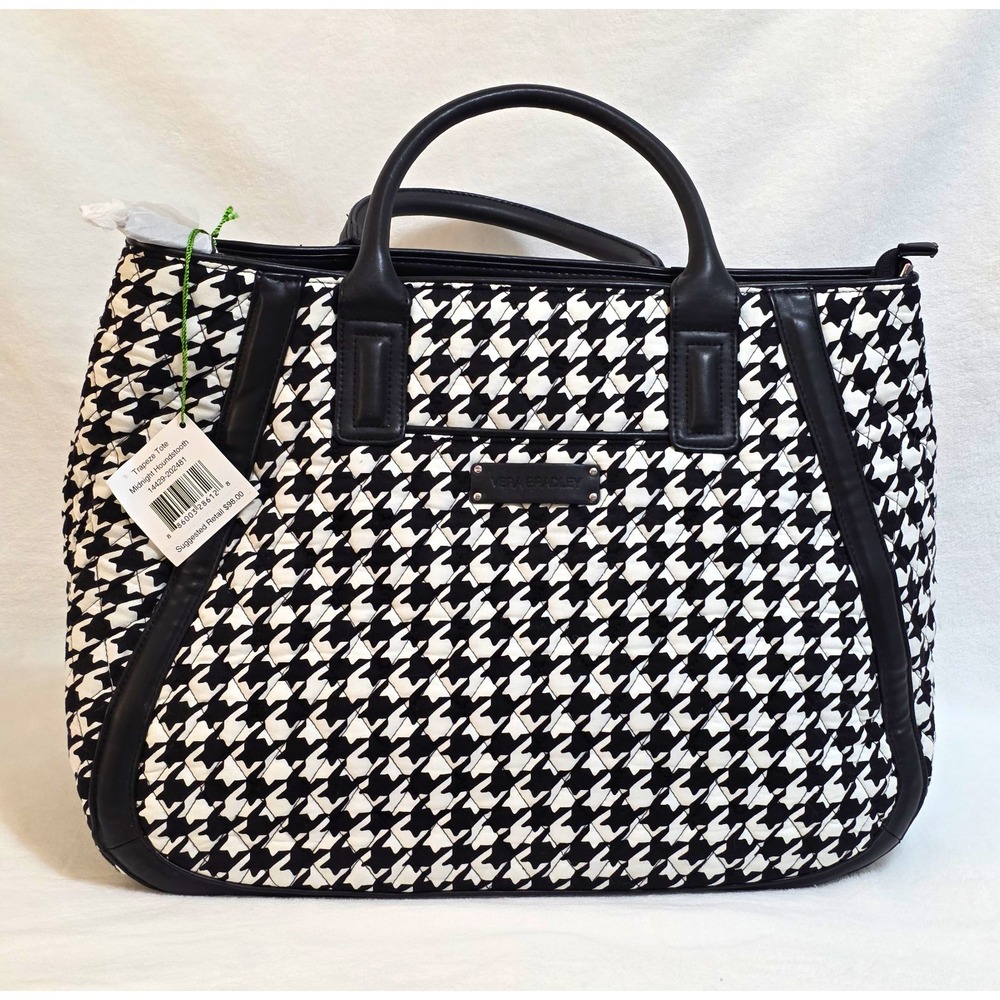 NWT Vera Bradley Trapeze Tote Bag Midnight Houndstooth Black White Quilted Purse